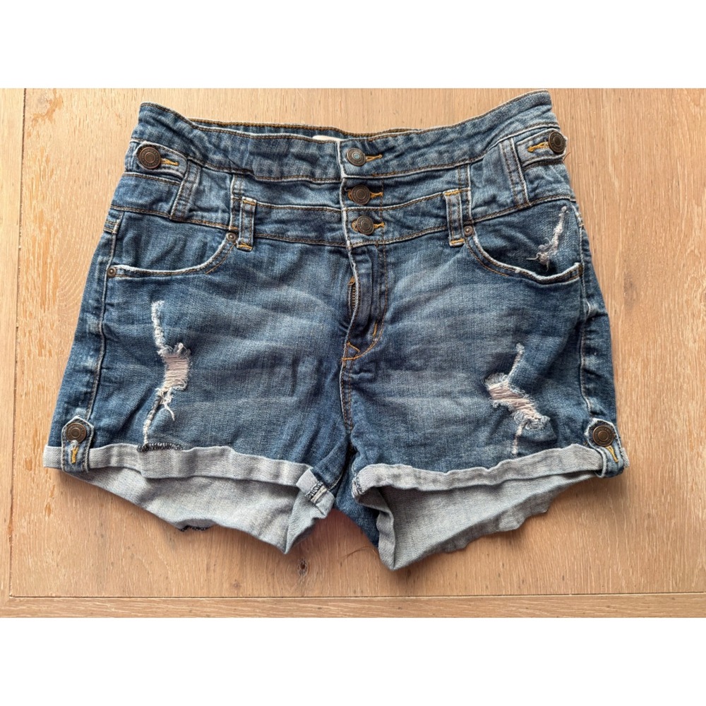 Eunina Classic Fitted High Rise Shortie Distressed Denim Shorts Blue Size L 9235